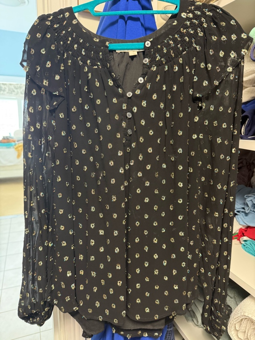 LOFT Black Floral Button-Front Blouse